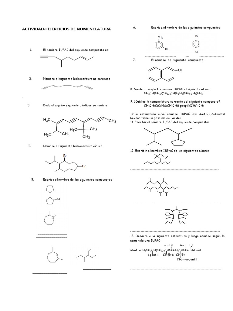 Actividad Nomenclatura De Hidrocarburos Pdf Alcano Hidrocarburos