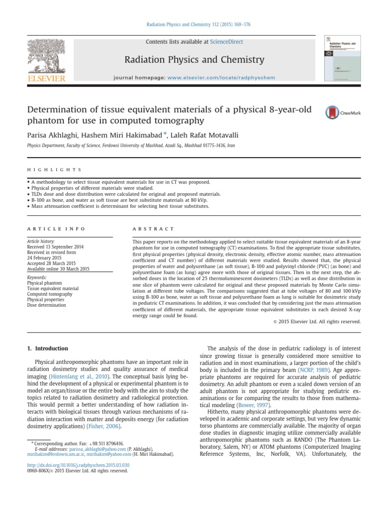Determination Of Tissue Equivalent Materials Of A Physical 8 Year Old Phantom For Use In Computed Tomography Ct Scan Absorbed Dose
