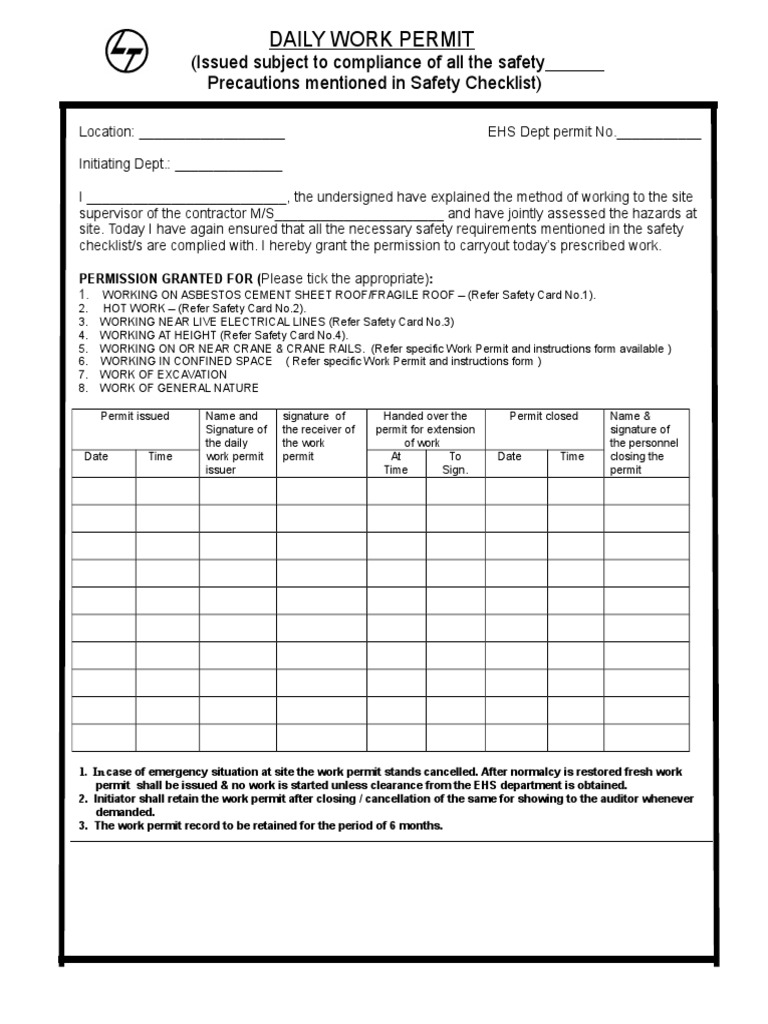 Daily Work Permit For Contractors PDF