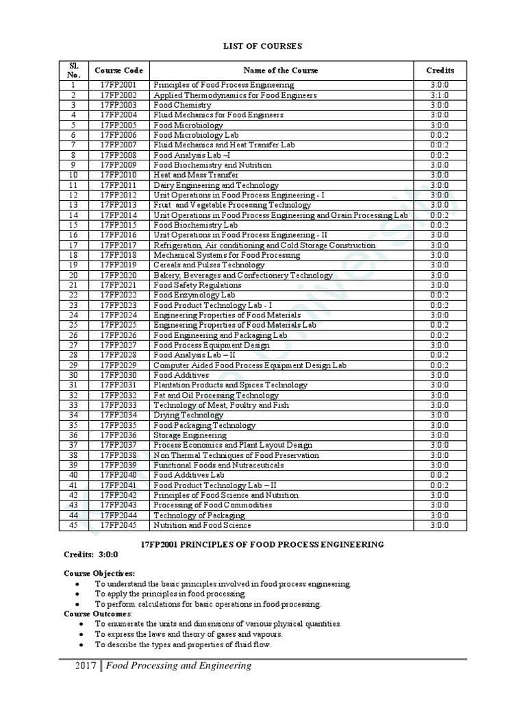 Course Catalog for Food Processing and Engineering Students PDF