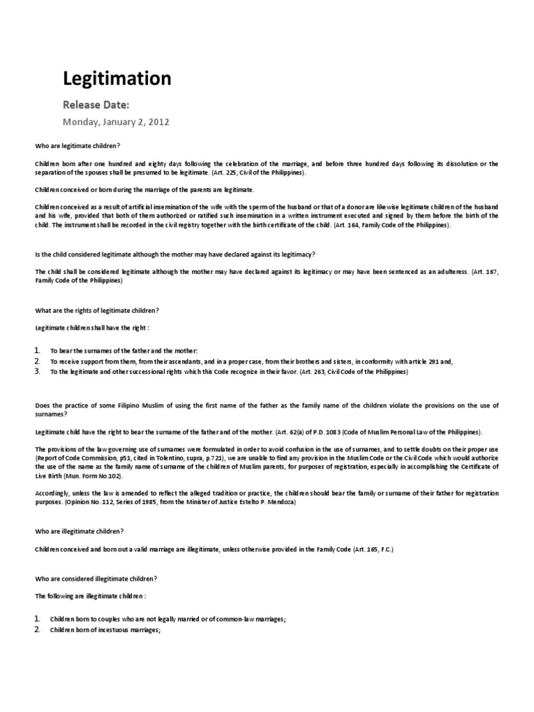 Legitimation | PDF | Birth Certificate | Legitimacy (Family Law)