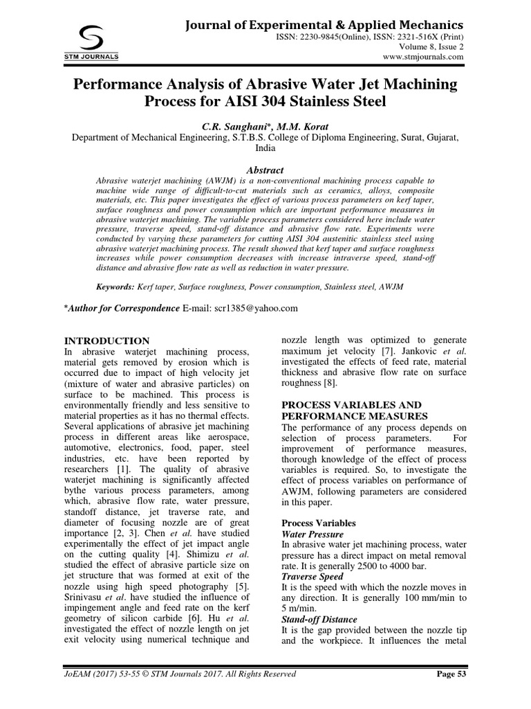 Abrasive Water Jet Machining PDF PDF Machining Flow Measurement
