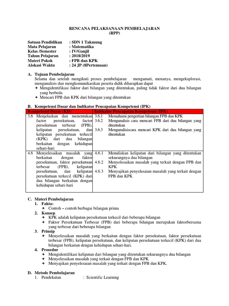 RPP Matematika k13 SD Kelas 4 KD 3.6 Dan 4.6 PDF
