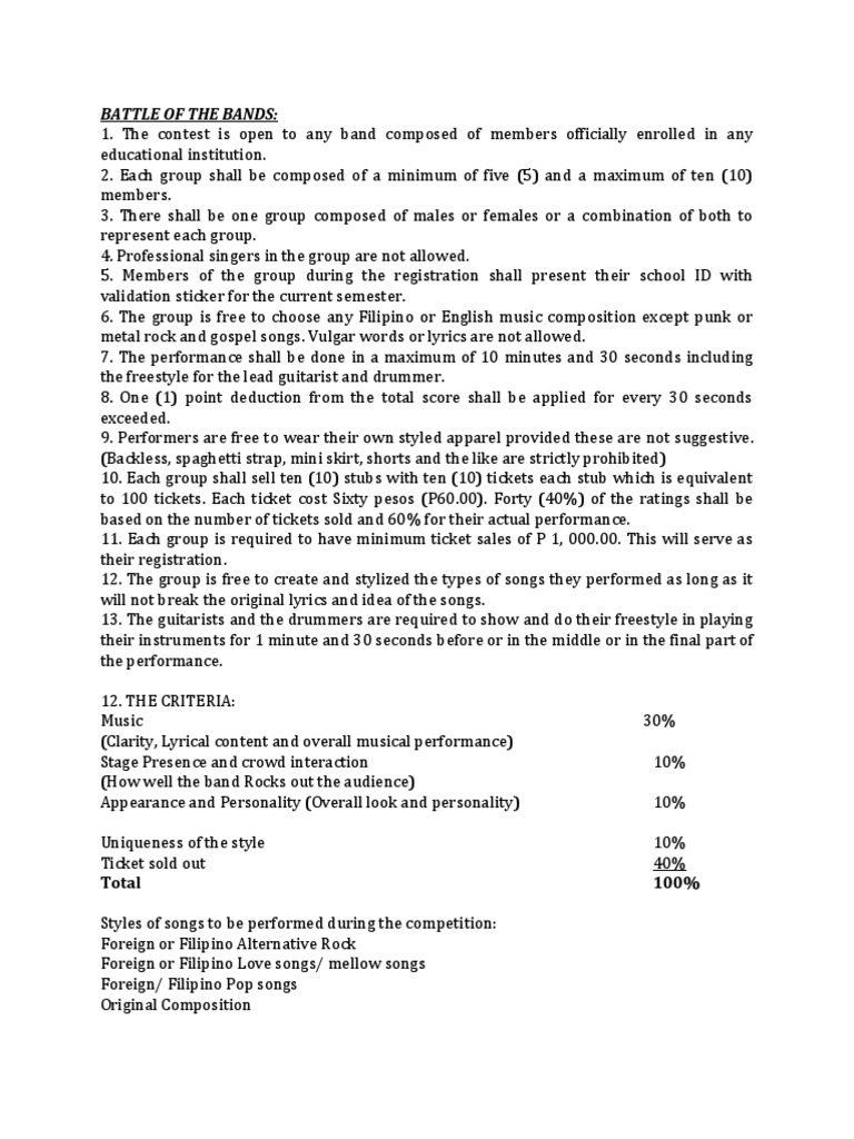 Battle of The Bands Guidelines PDF Performing Arts Entertainment