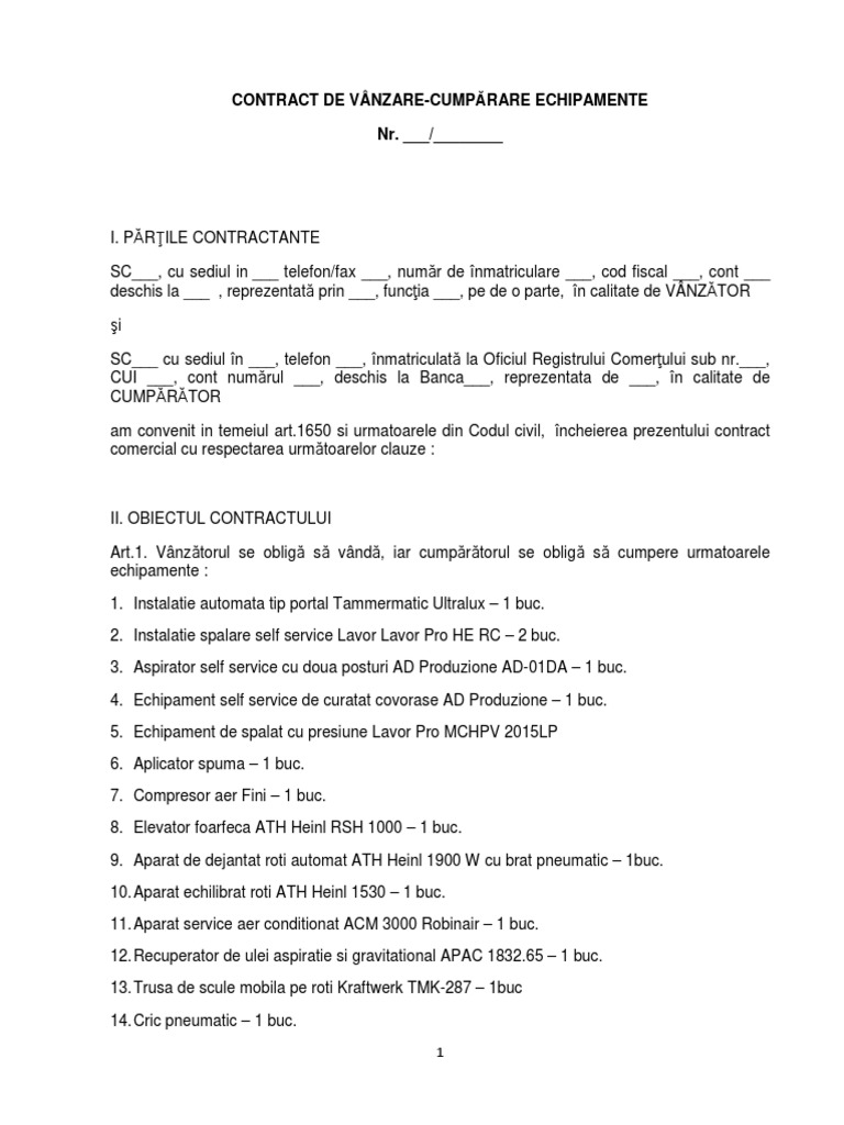 Contract Vanzare Cumparare Echipamente
