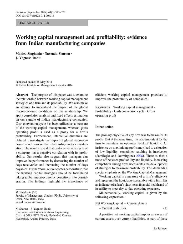 Previous studies on WCM and profitability