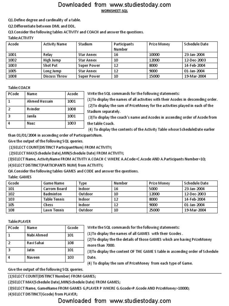 CBSE Class 12 Computers Worksheet - SQL | PDF | Data Model | Areas Of ...