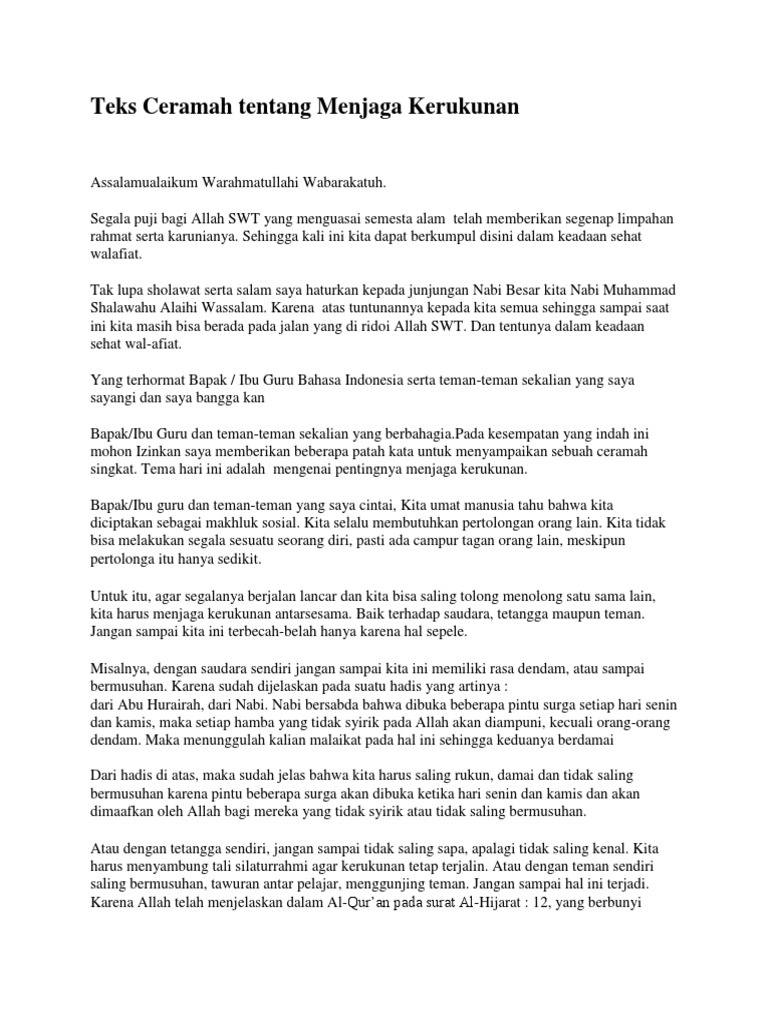 Teks Ceramah Tentang Menjaga Kerukunan