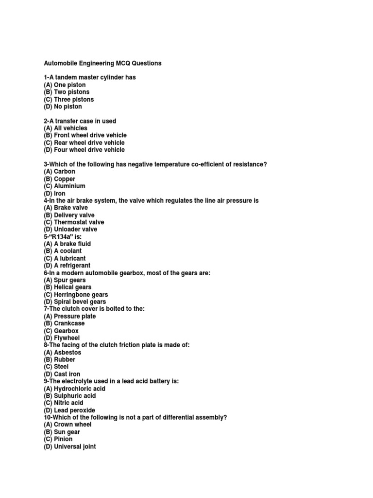 Automobile Engineering MCQ Questions PDF Internal Combustion Engine