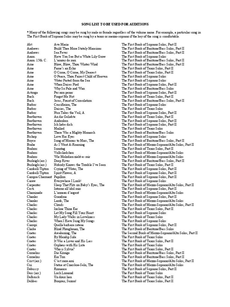Audition Song List for Vocalists | PDF | Singing | Opera