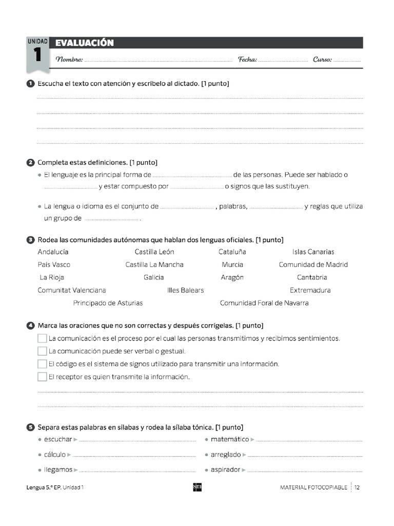 Examenes Lengua 5 Primaria SM Savia PDF | PDF