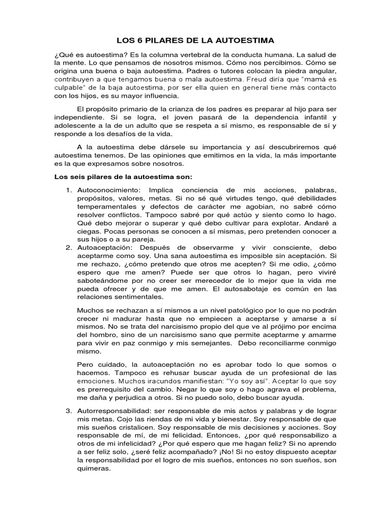 Los 6 Pilares de La Autoestima | PDF | Conceptos psicologicos ...