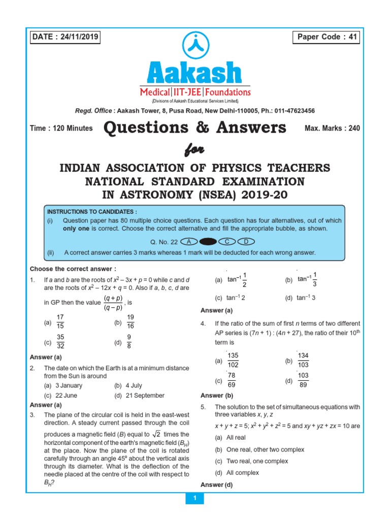 NSEA 2019-20 Astronomy Exam Questions | PDF | Apsis | Speed Of Light