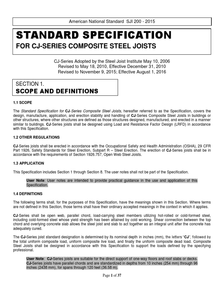 Standard Specifications For Composite Steel Joist Catalog PDF Truss Structural Steel