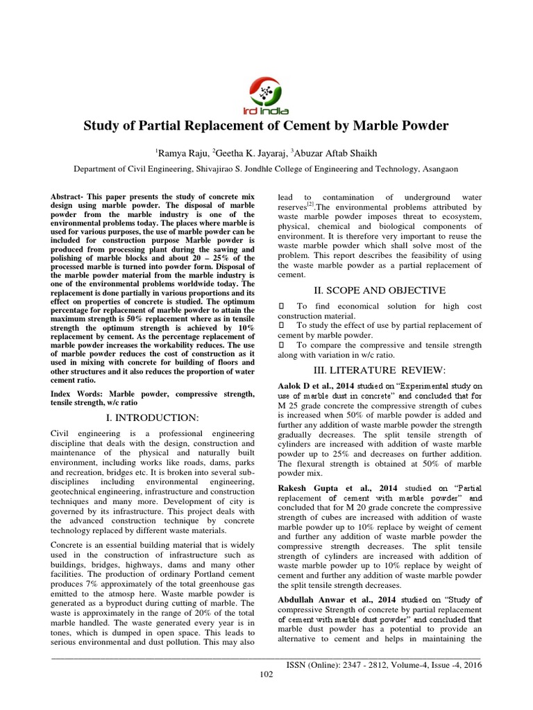 Marble Powder as Cement Replacement in Concrete | PDF | Concrete | Cement