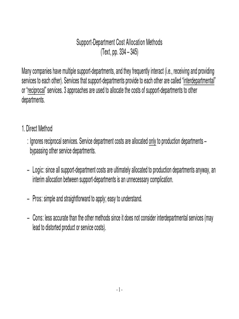 Support Dept Cost Allocation - 3 Allocation Methods | PDF ...
