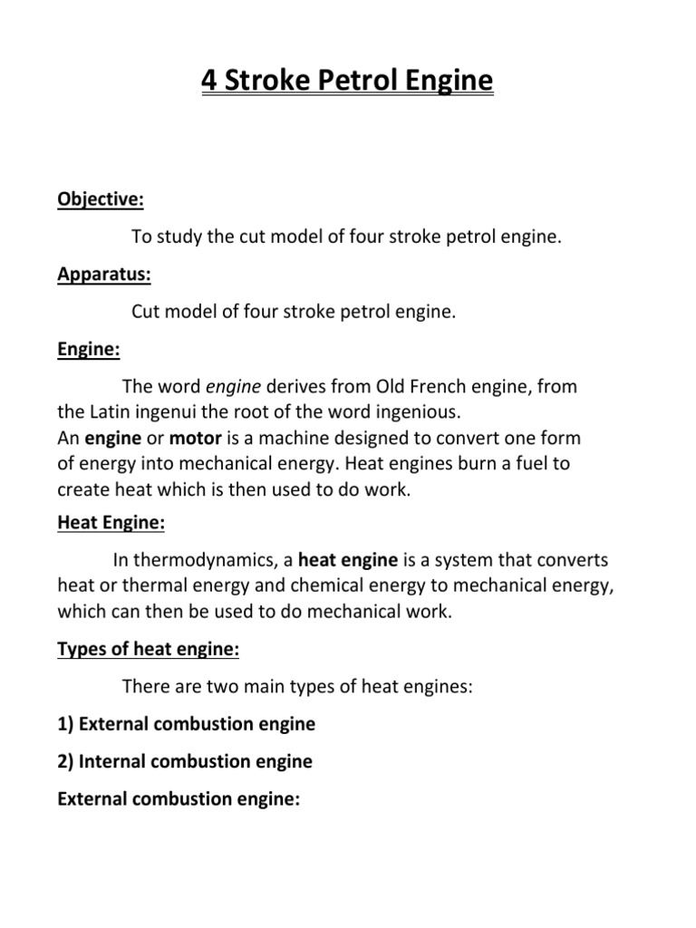 Working of Four Stroke Petrol Engine | PDF | Internal Combustion Engine ...