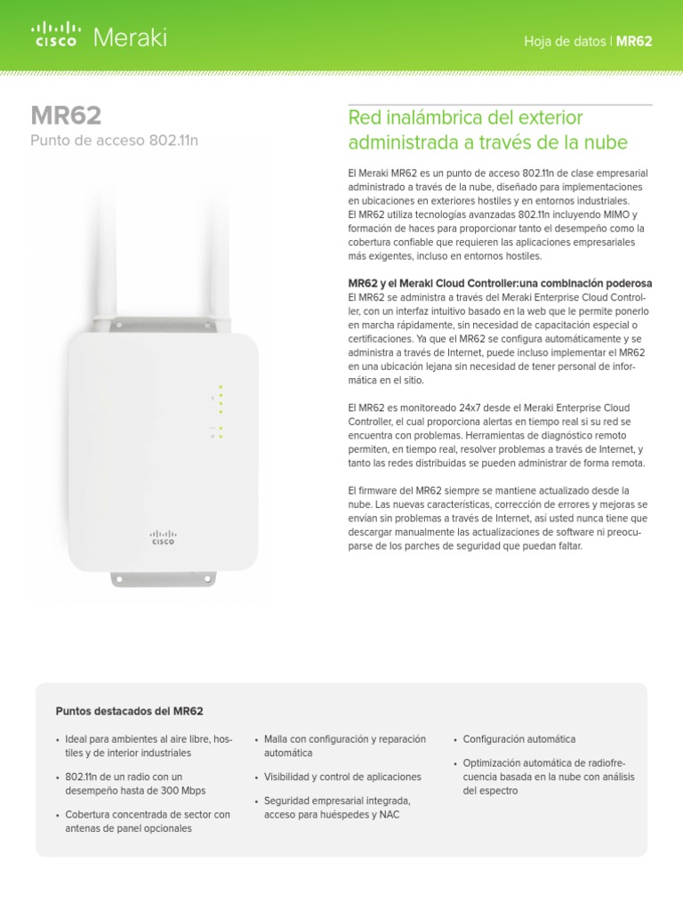 Meraki Datasheet MR62 Es | Descargar gratis PDF | Ieee 802.11 | Punto ...
