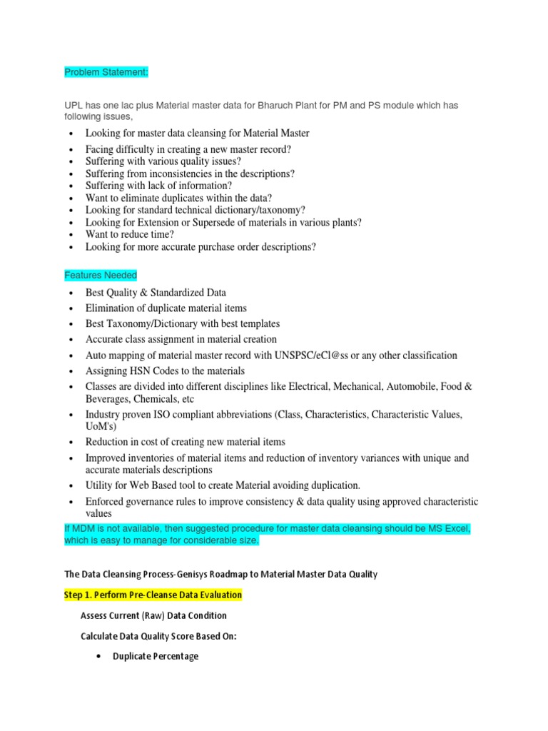 Material Master Data Cleansing Plan | PDF | Data Quality | Inventory