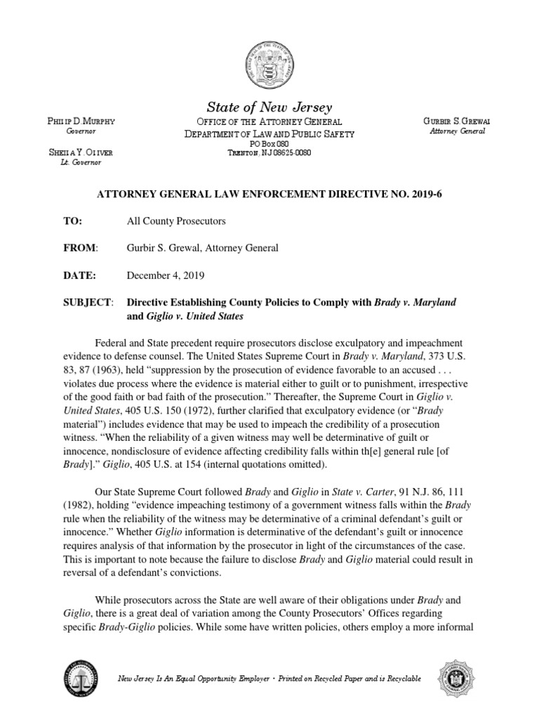 20196 Brady Giglio Directive PDF Prosecutor Witness Impeachment