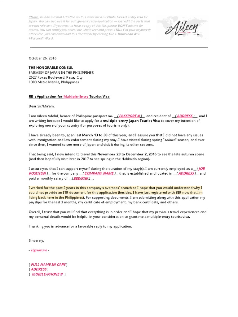 Sample Cover Letter To The Embassy Of Japan By Iamaileen Com Pdf Travel Visa Immigration