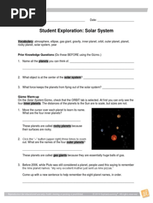 Solarsystem Worksheet For Gizmo Assignment Orbit Plas