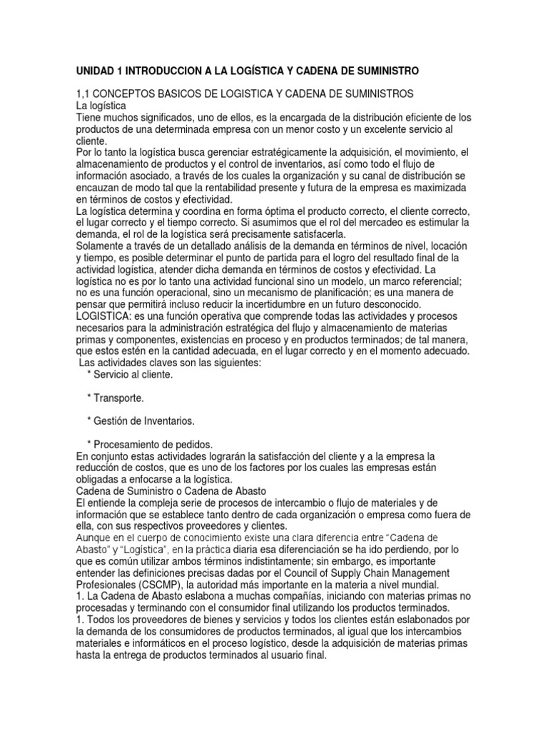 Unidad 1 Introduccion A La Logística y Cadena de Suministro | PDF ...