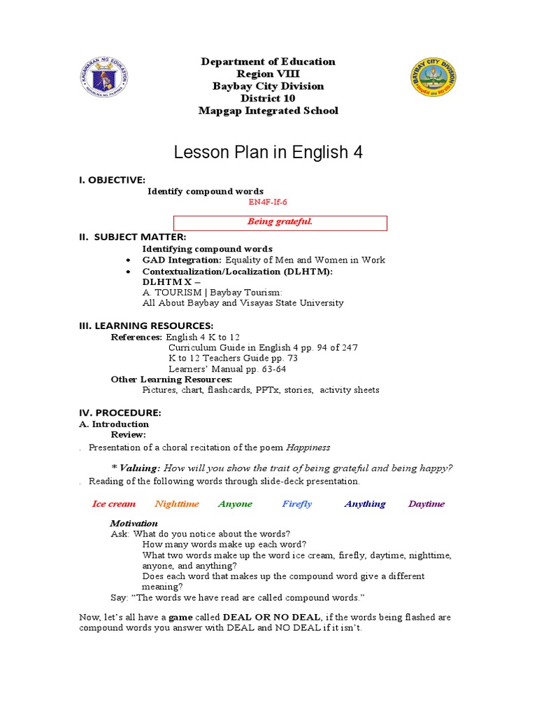 Grade 4 Lesson Plan: Compound Words | PDF | Cognition | Behavior ...