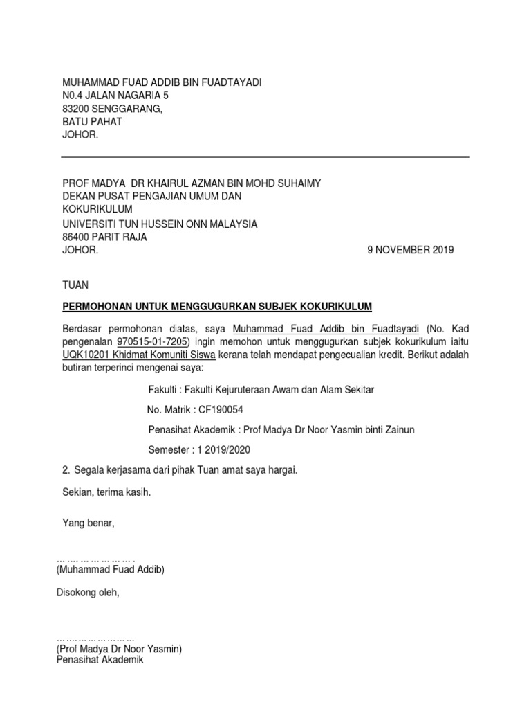 Contoh Surat Rasmi Permohonan Untuk Menambah Subjek Kursus Kerana Tamat Tempoh Add Drop Pdf