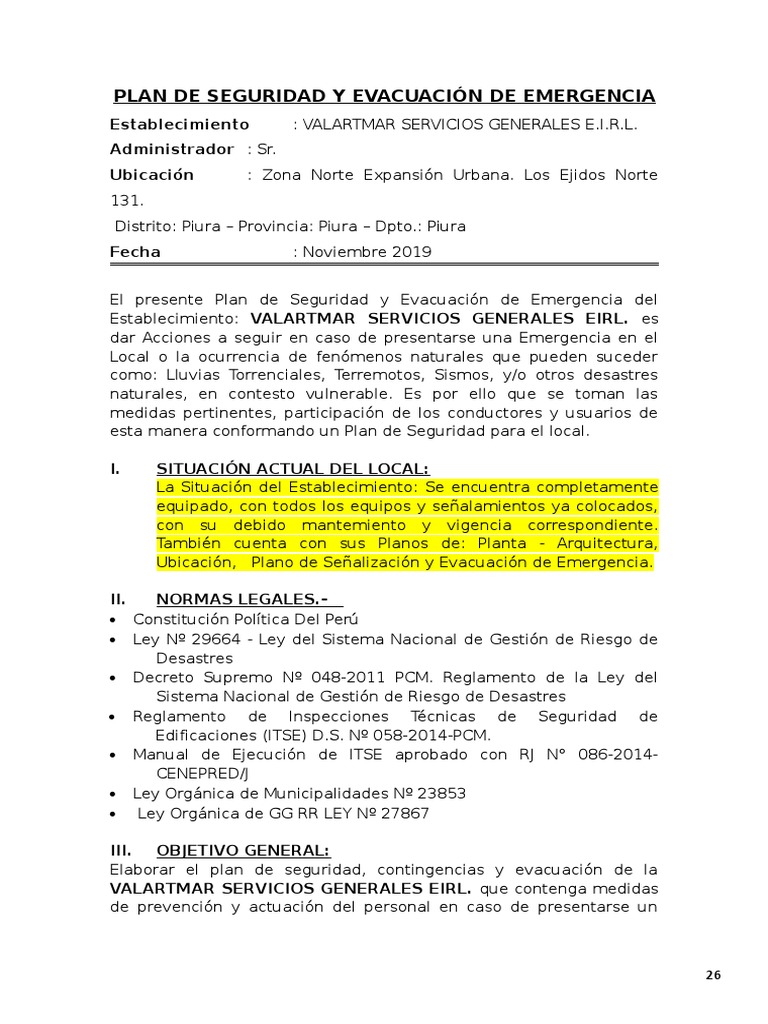 Plan de Seguridad y Evacuación de Emergencia | PDF | Oxígeno | Primeros ...
