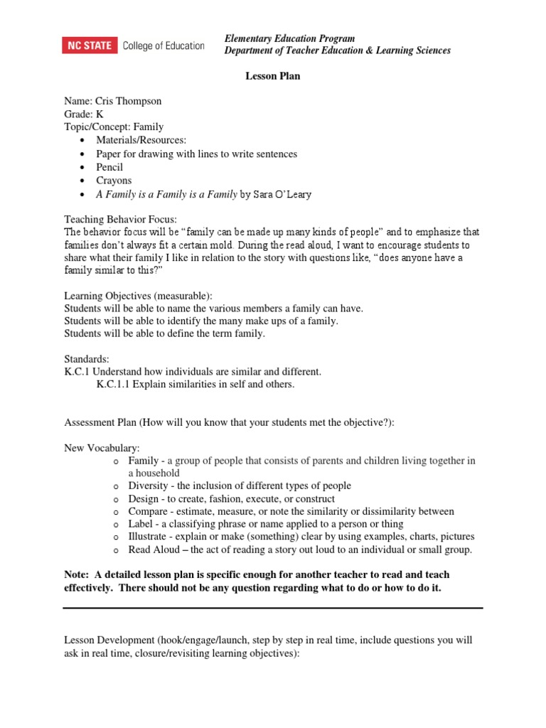 Family Diversity Lesson Plan for K Grade | PDF | Lesson Plan | Behavior ...