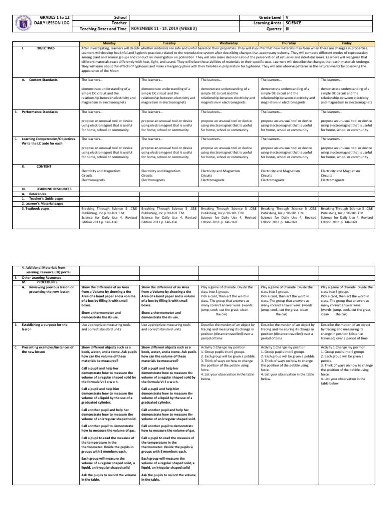 Grade 5 Science DLL Q3 Week 3 | PDF | Fahrenheit | Celsius