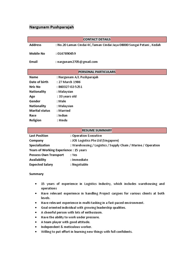 Nargunam Resume Pdf Logistics Warehouse