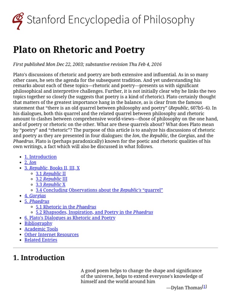 Plato on Rhetoric and Poetry (Stanford Encyclopedia of Philosophy) Rhetoric Plato