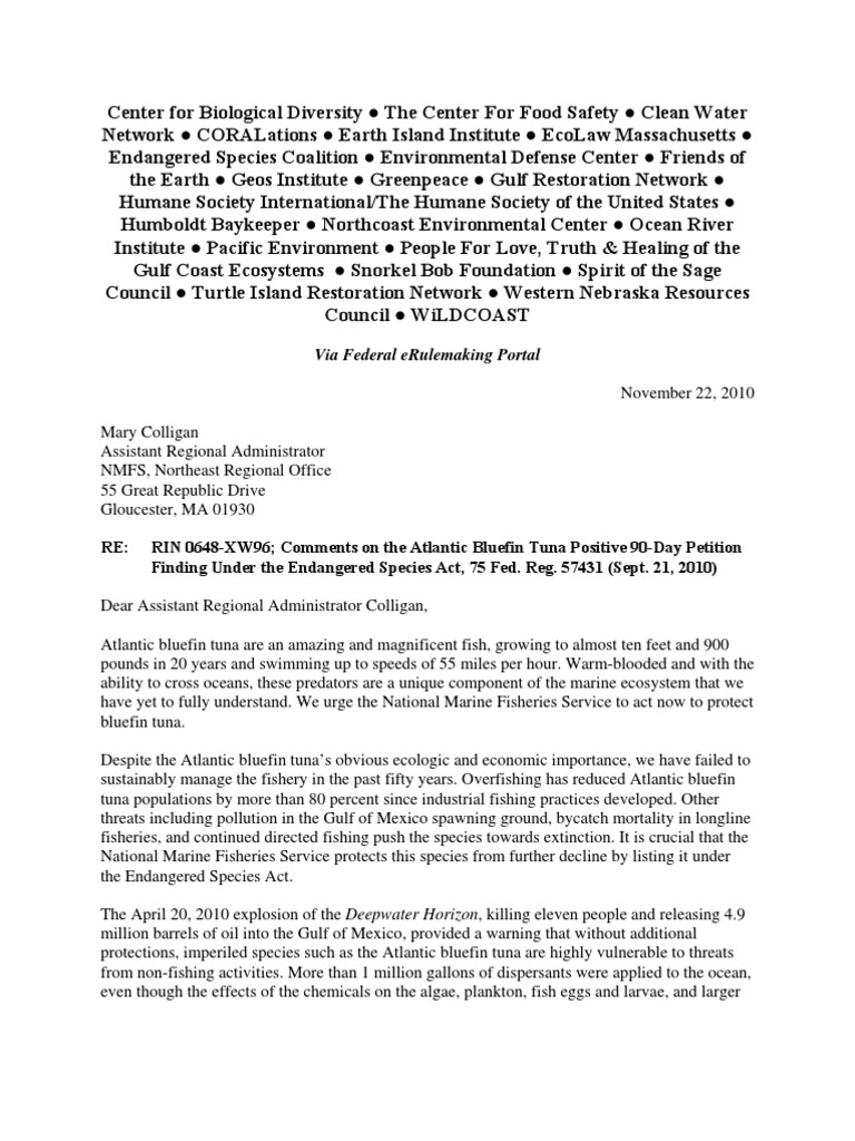 Support For The Listing of The Bluefin Tuna As ENDANGERED Per