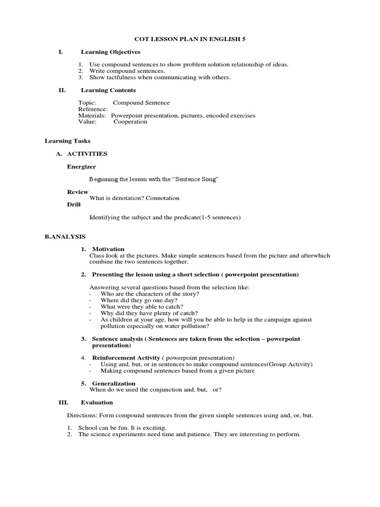 Cot Lesson Plan in English 5 | PDF | Lesson Plan | Communication