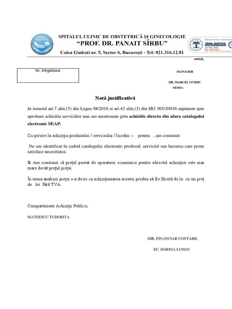 Nota Justificativa Speciala Model