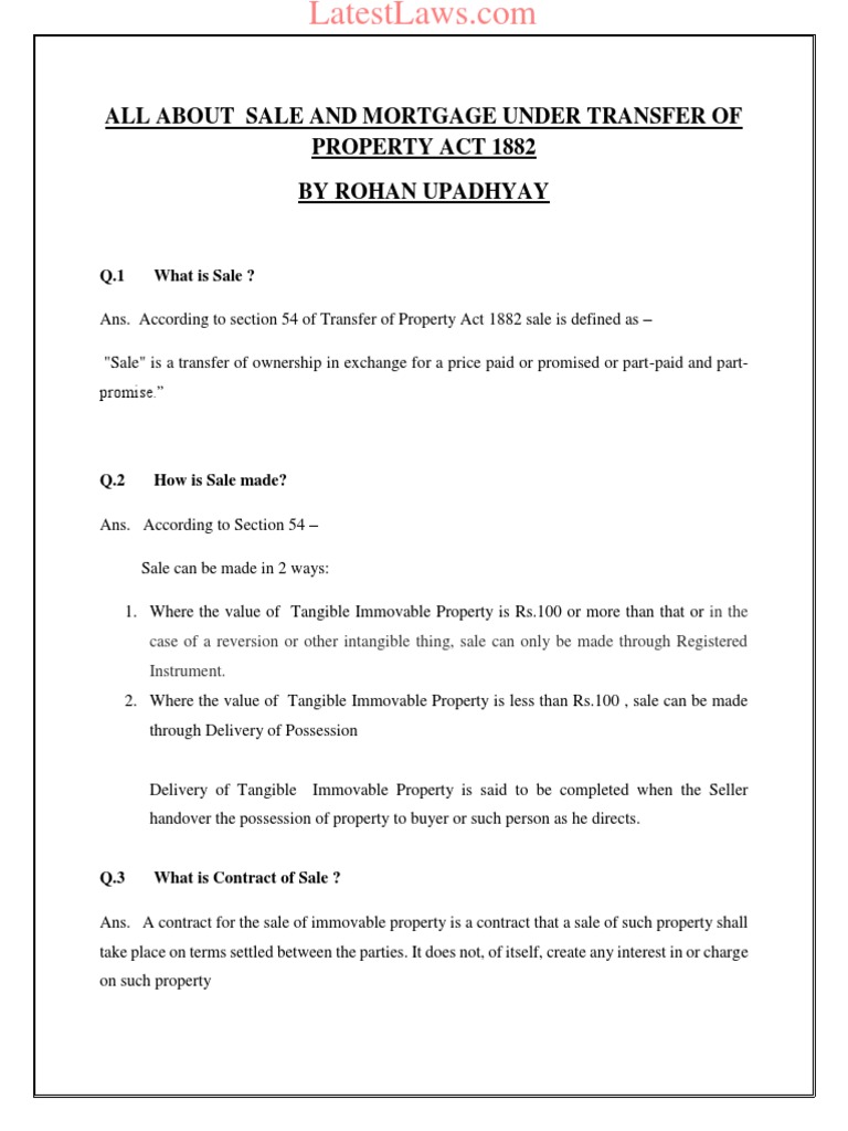 All About Sale and Mortgage Under Transfer of Property Act 1882 by