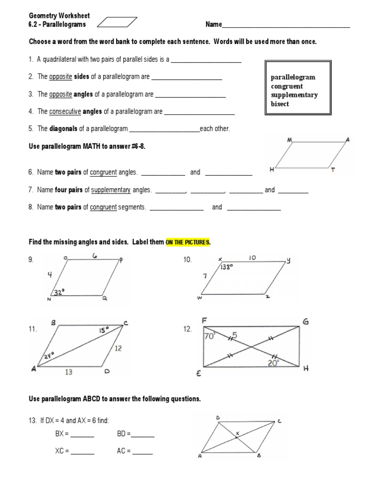 Geometry Worksheet 2222.22 Parallelograms PDF  PDF Within Properties Of Parallelograms Worksheet