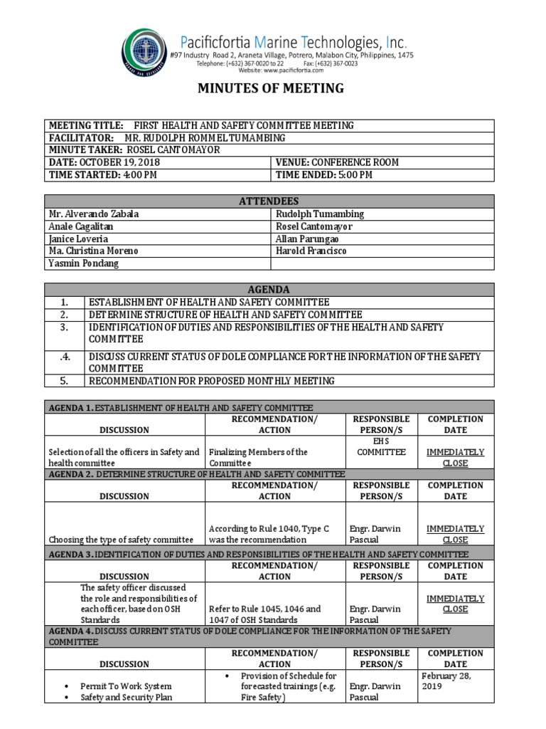 TCC First Meeting  PDF  Occupational Safety And Health  Safety Intended For Safety Meeting Minutes Template