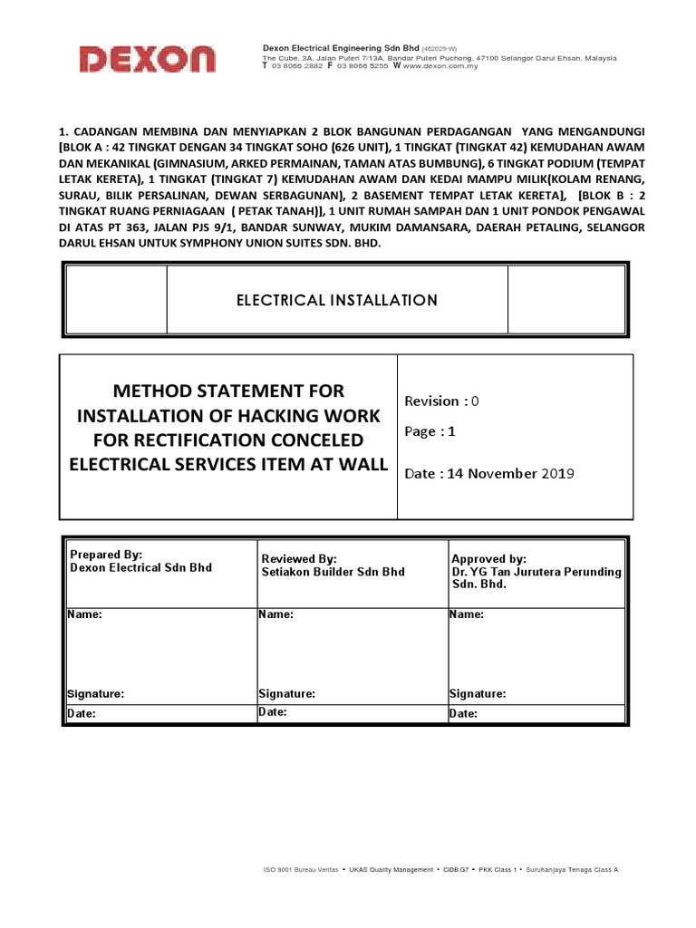 Wall Hacking Method Statement for Electricals | PDF | Manufactured ...