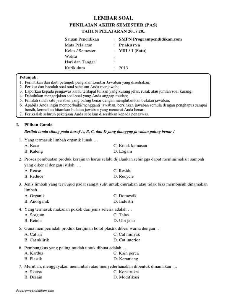 Soal Pas Prakarya Kelas 8 K13 Programpendidikan Com