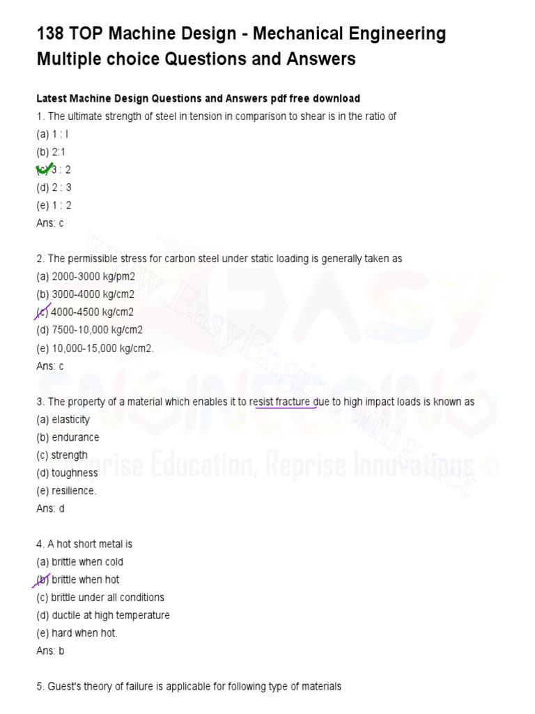 Machine Design MCQs PDF PDF Nut (Hardware) Strength Of Materials