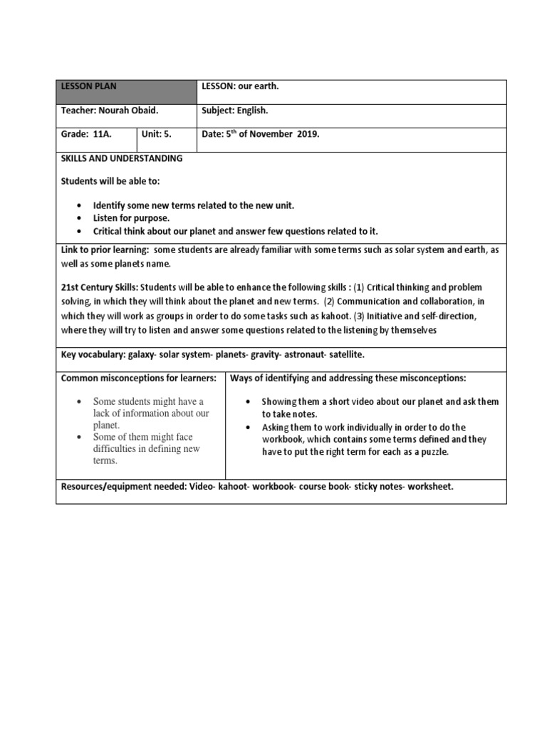 Lesson Plan10-Our Earth | PDF | Lesson Plan | Pedagogy