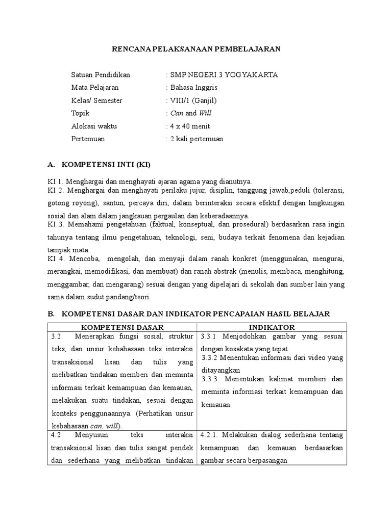 Contoh Rpp Bahasa Inggris Kelas 8 Kd 3 4 GURU SD SMP SMA