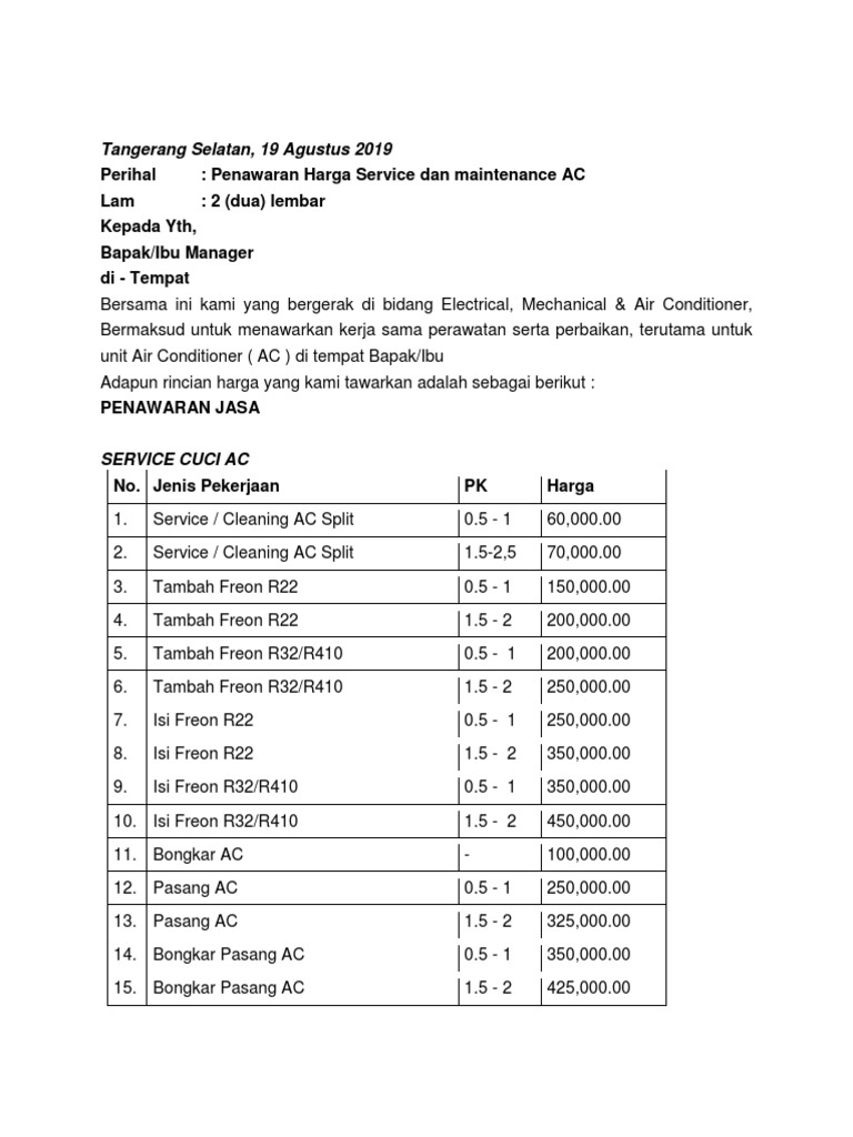 Surat Penawaran Service Ac By Rahmat Hid Pdf