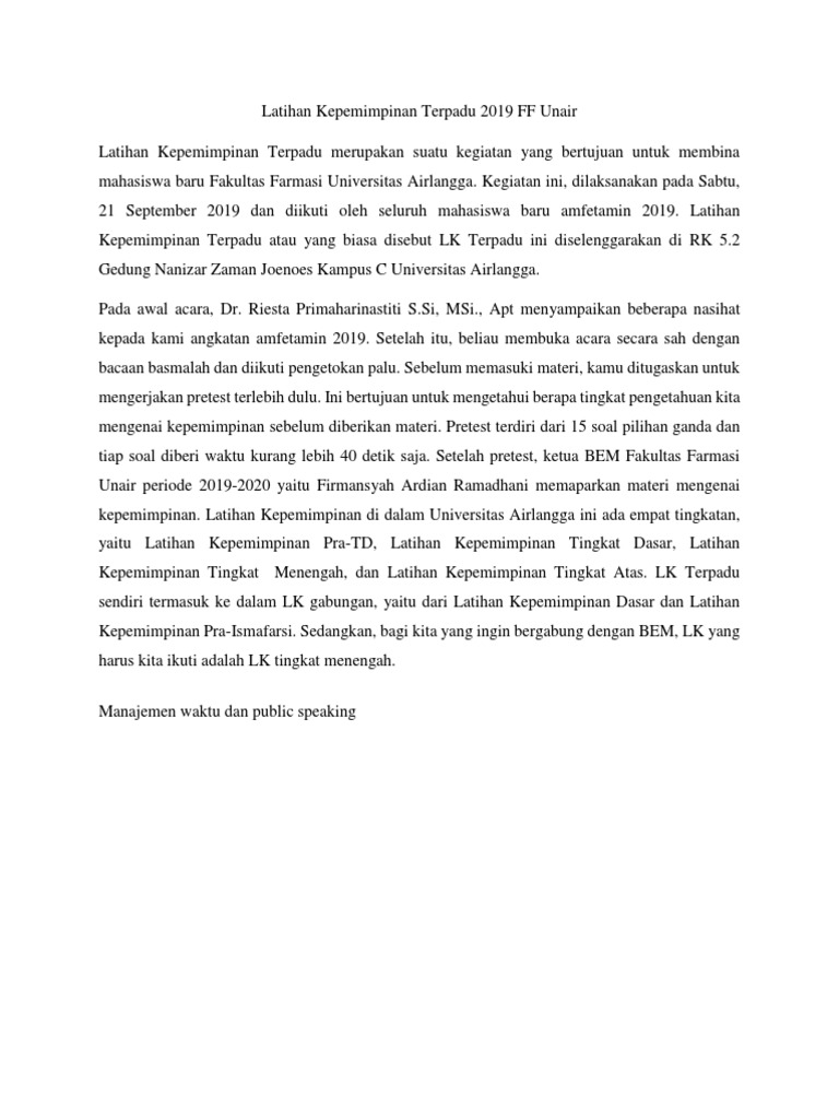 Latihan Kepemimpinan Terpadu 2019 Ff Unair