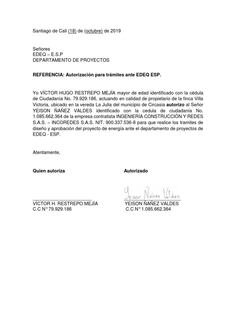 Carta de Autorización para Realizar Tramites Emcali PDF