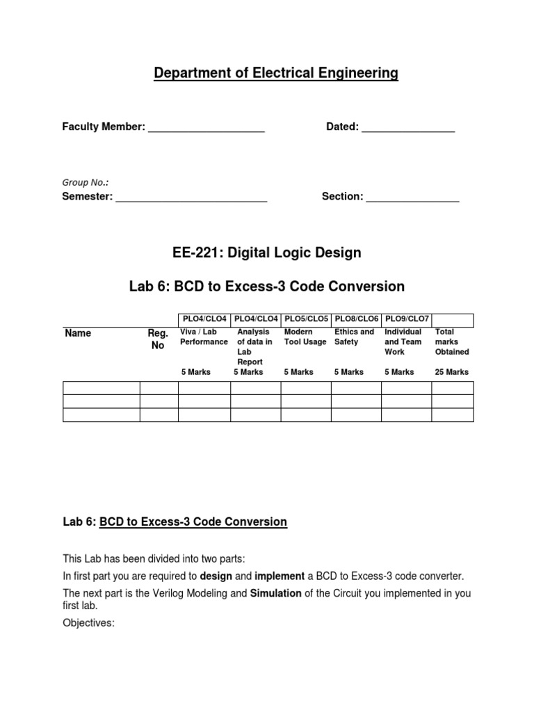 Lab6 BCD-to-Excess-3 Code Conversion | PDF | Binary Coded Decimal ...