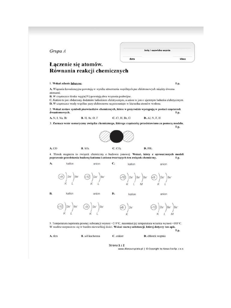 Równania Reakcji Chemicznych Test Klasa 7